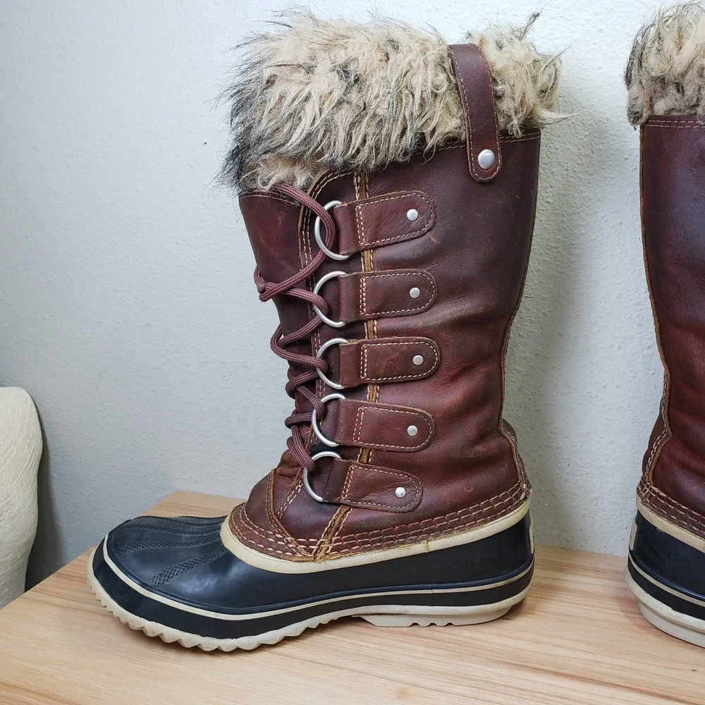 Sorel Joan Of Arctic Waterproof Winter Boots Fur Trim Tall Brown Cabincore Sz 8